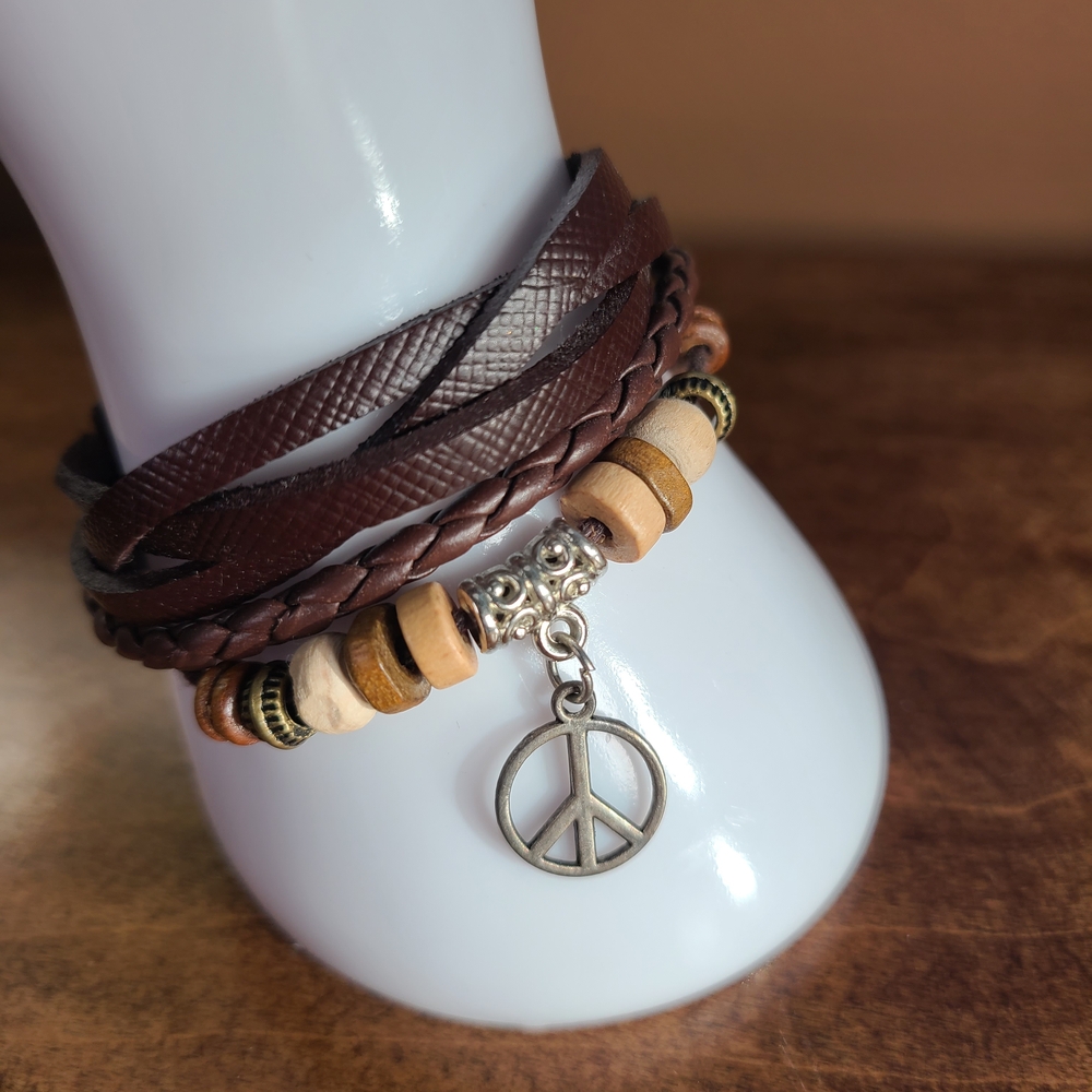 Brown Leather Bracelet with Peace Charm